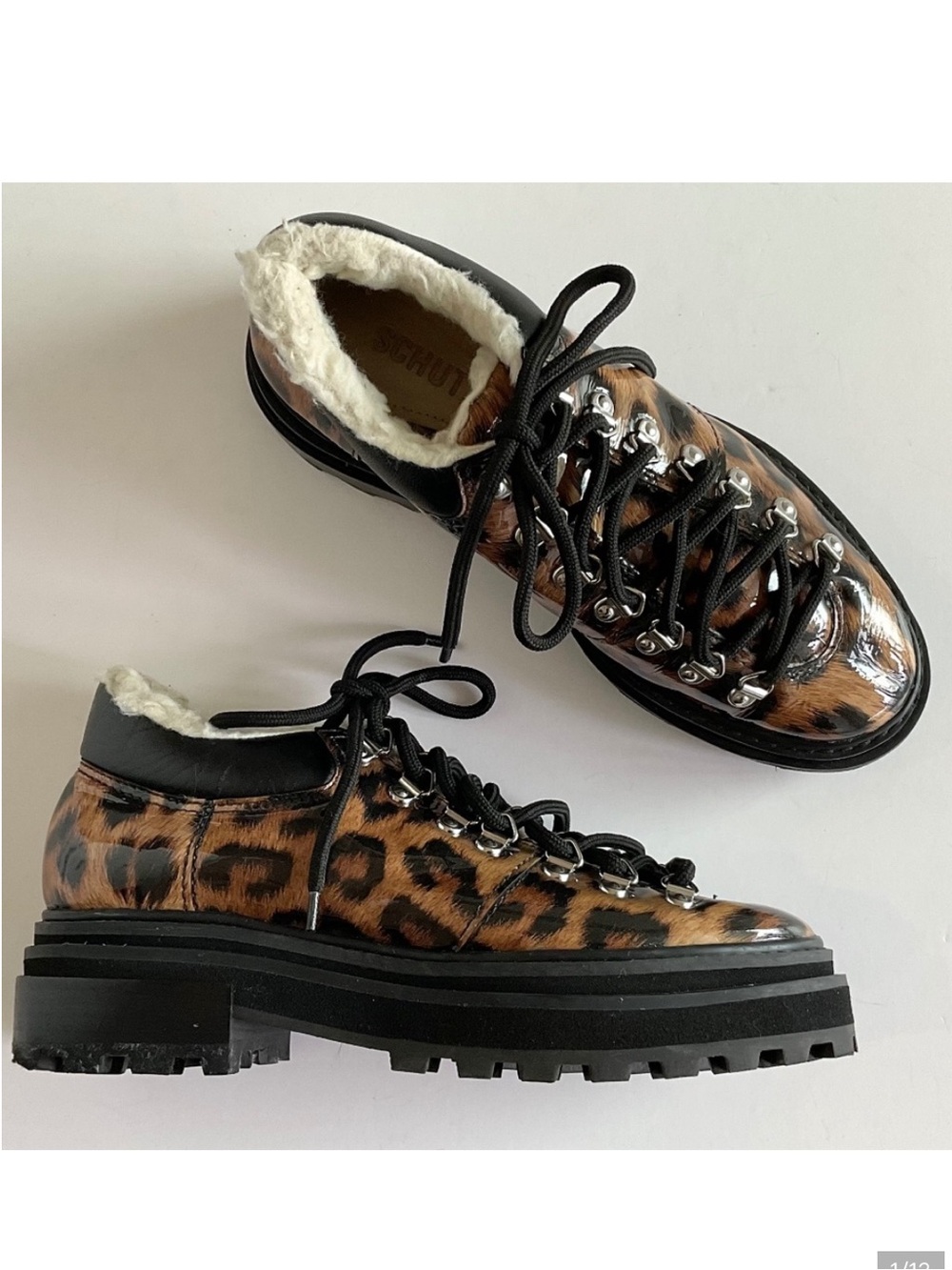 SCHUTZ Lucille Ankle Boots Leopard Print Faux Shearling Lined Size 7